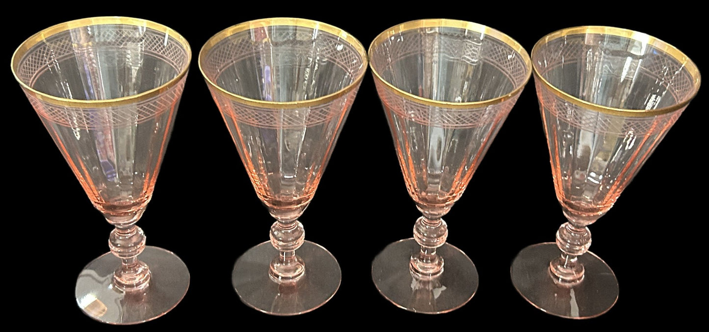 260708-24 Set of 4 Pink & Gold Depression Glass Goblets