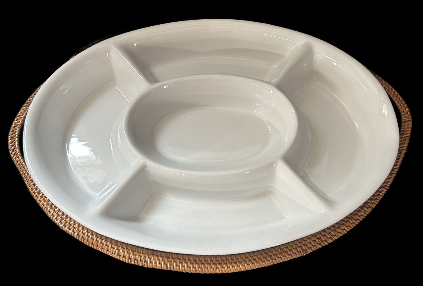 260408-14 5-Section Divided Relish Dish in Woven Basket