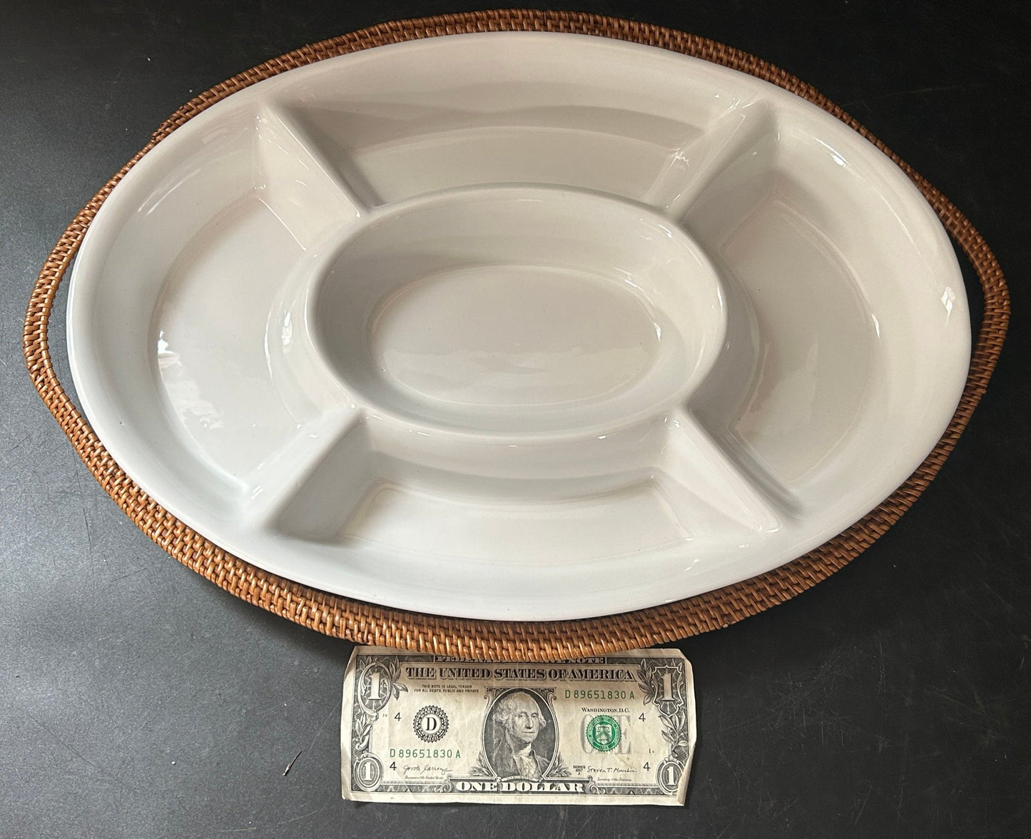 260408-14 5-Section Divided Relish Dish in Woven Basket