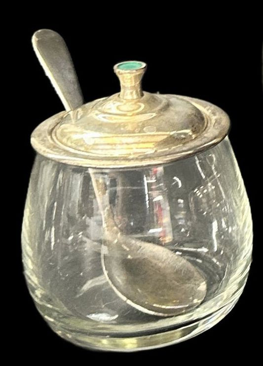 260408-38A Antique Mustard Pot With Sterling Lid & Spoon