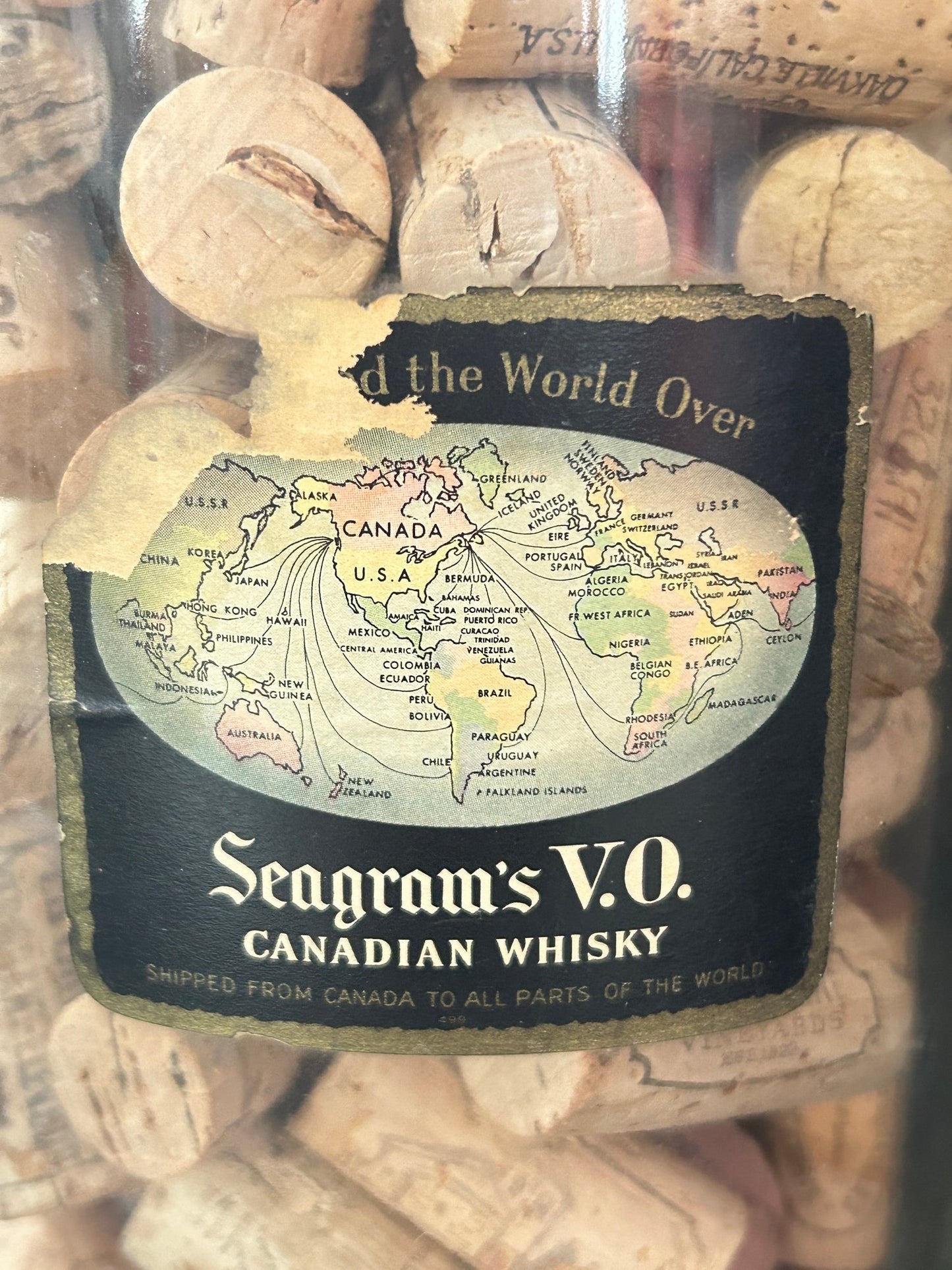 260408-17 Huge Seagrams V.O. Canadian Whisky Bottle Filled With Corks