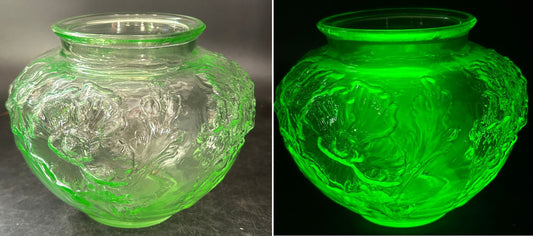 260408-19 Tiffin Green Uranium Glass Poppy Embossed Vase