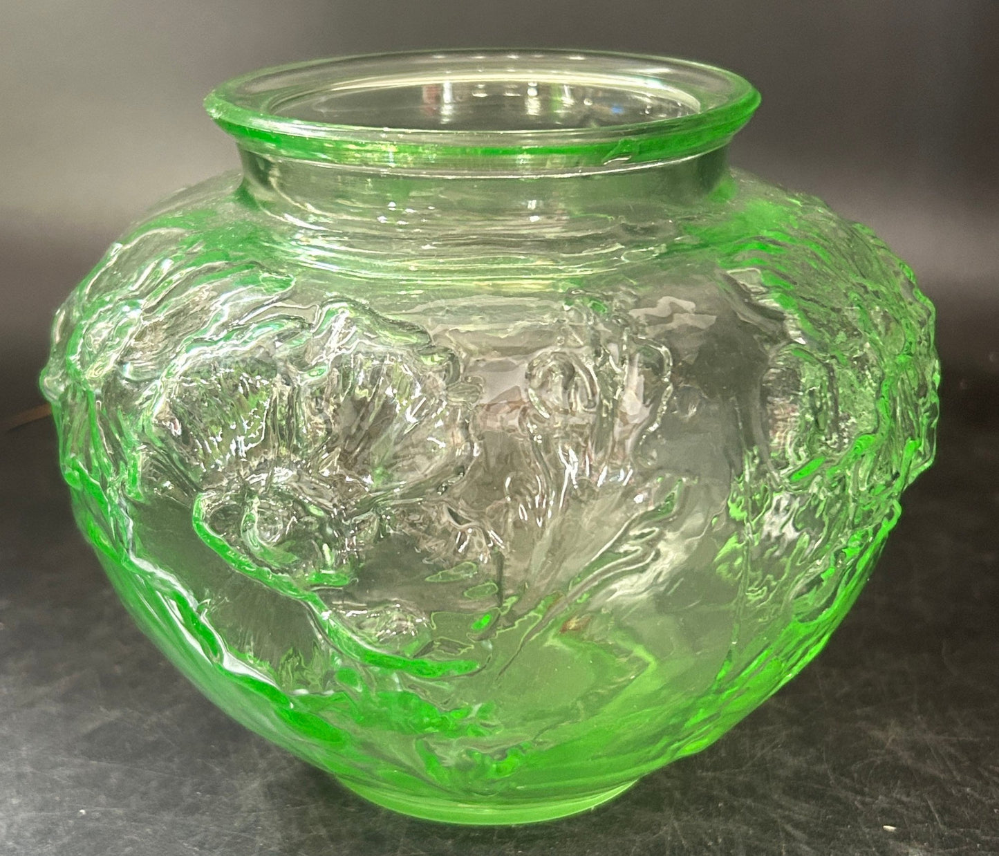 260408-19 Tiffin Green Uranium Glass Poppy Embossed Vase