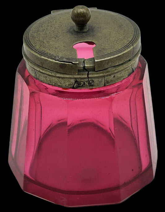 260408-22 Cranberry Glass Mustard Pot With EPNS Lid