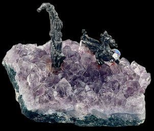 250625-4A Pewter Wizard's Dragon and Castle On Amethyst r
