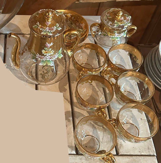 260625-7 Antique Enameled Glass Tea Set