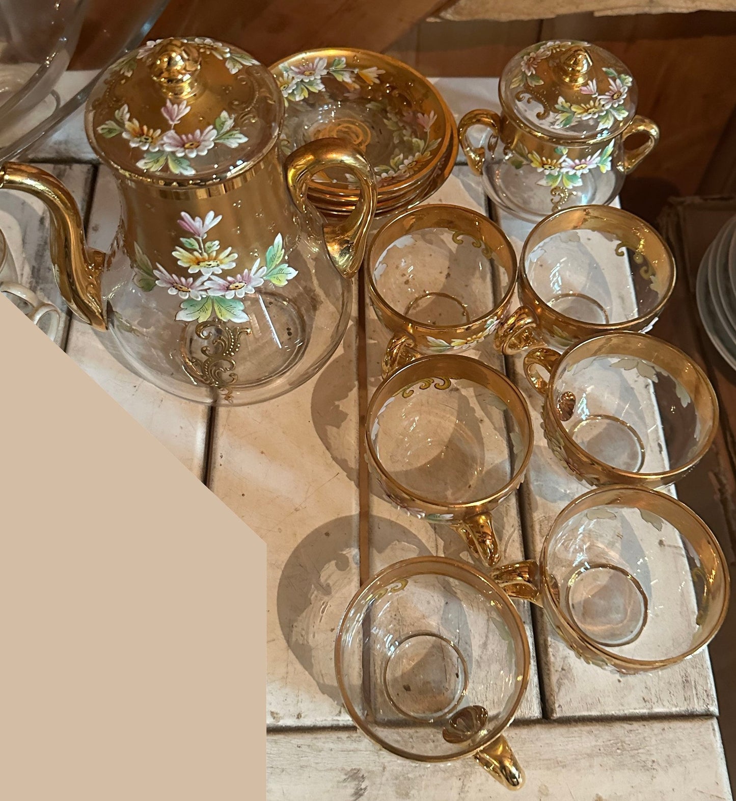 260625-7 Antique Enameled Glass Tea Set