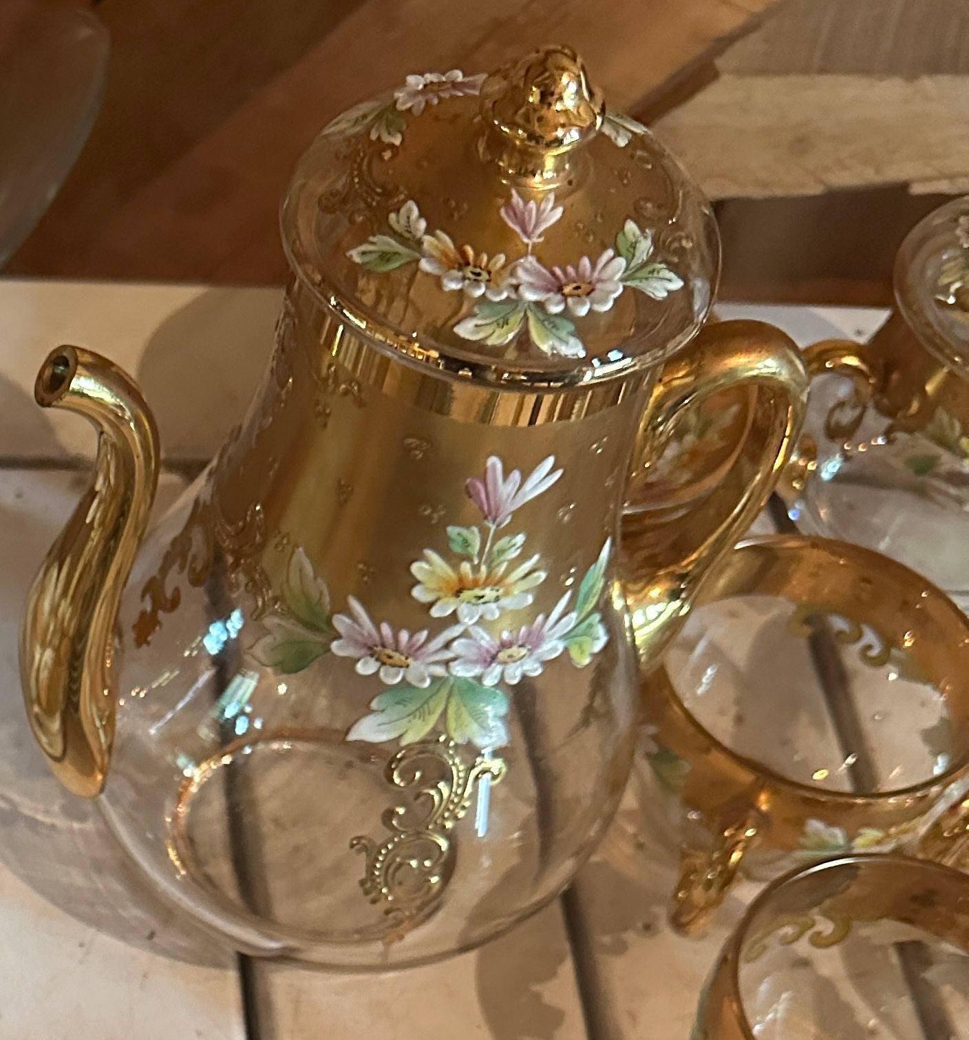 260625-7 Antique Enameled Glass Tea Set
