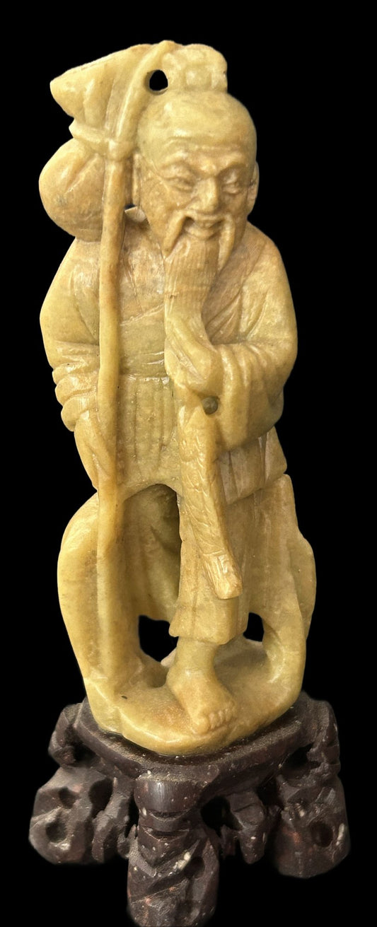 260107-3A Chinese Soapstone Fisherman 5"H Figurine