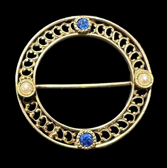 260708-2 10k Yellow Gold, Sapphire & Seed Pearl Brooch