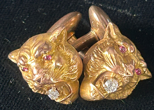 260715-1 14K YG Lion Cufflinks, Diamond & Ruby