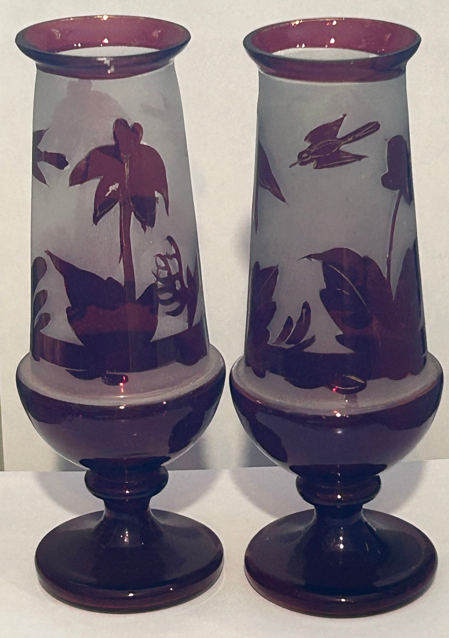 250907-1C Pair Antique Bohemian Ruby Red Frosted Vases, 8.25"H