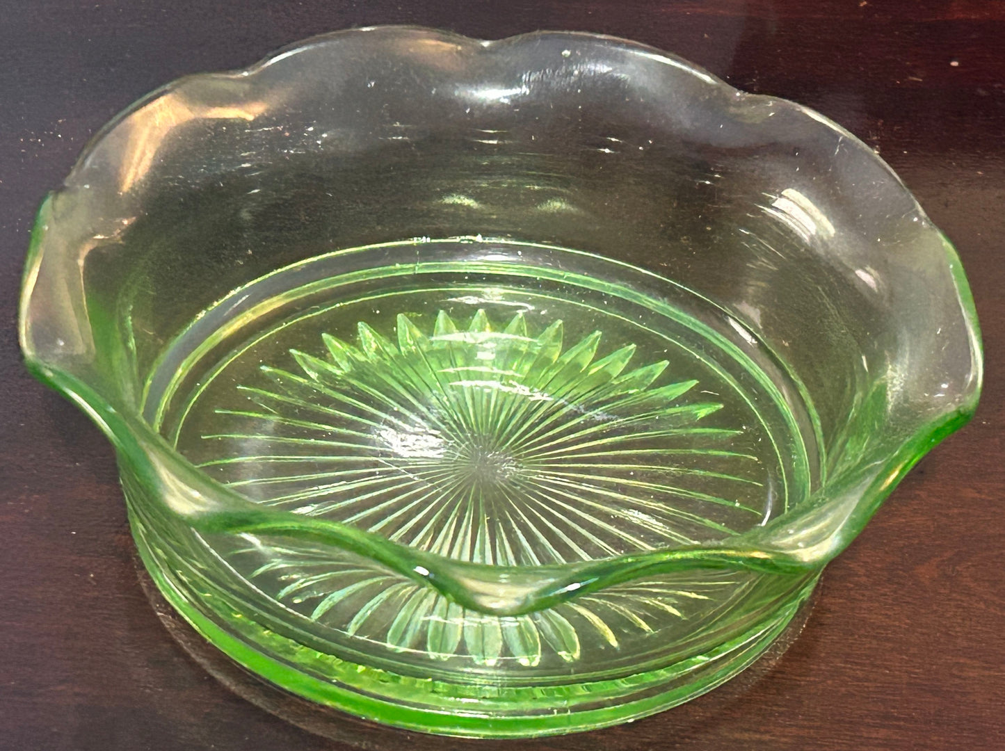 251101-8 Hazel Atlas Uranium Glass Ruffled Bowl