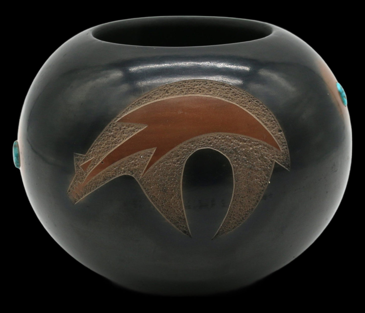 250326-3 Master Potter Dora Tse-Pe - Black And Sienna Bowl With Bear & Four Turquiose Insets - 4.5" High X 6" Wide