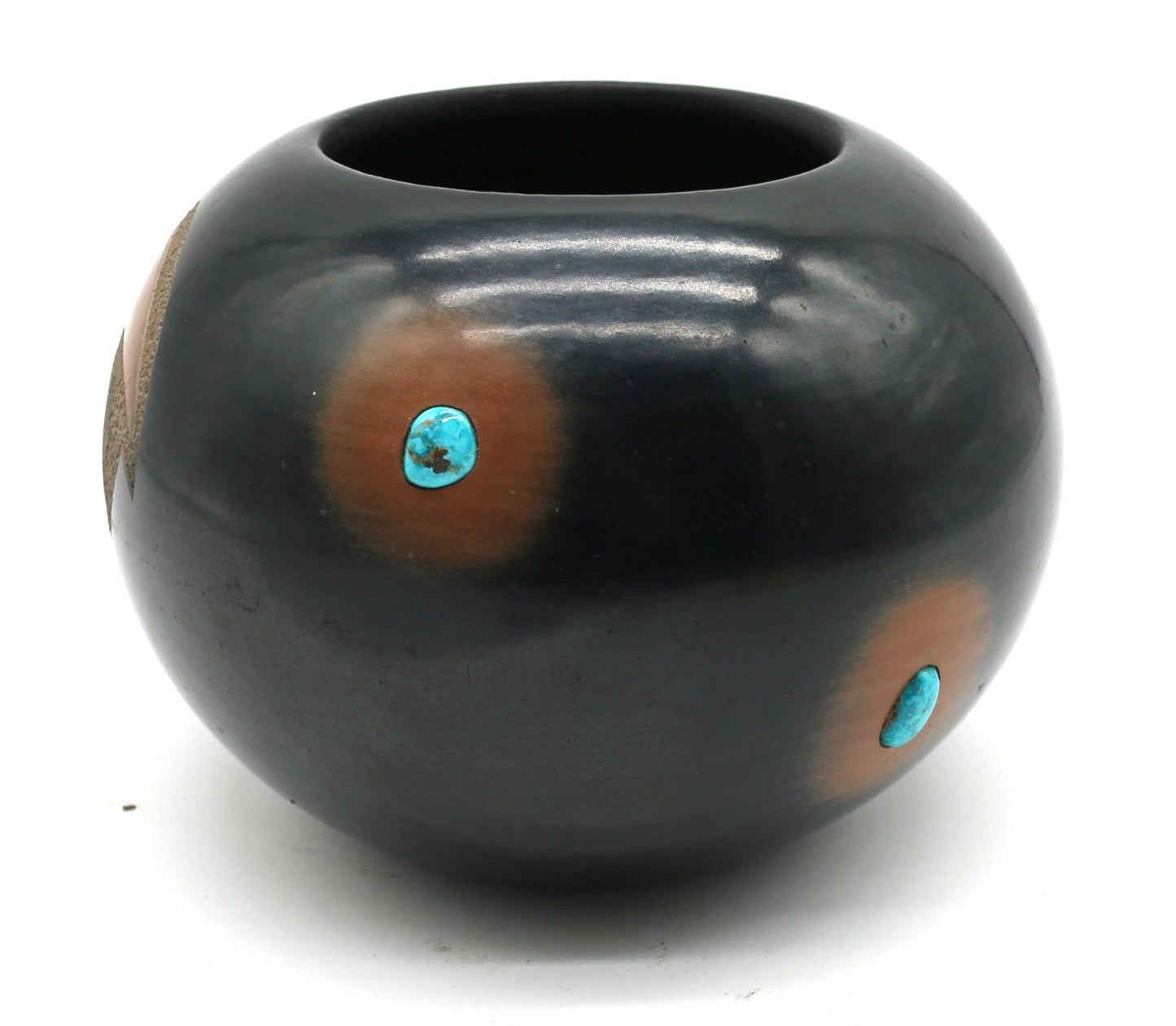 250326-3 Master Potter Dora Tse-Pe - Black And Sienna Bowl With Bear & Four Turquiose Insets - 4.5" High X 6" Wide