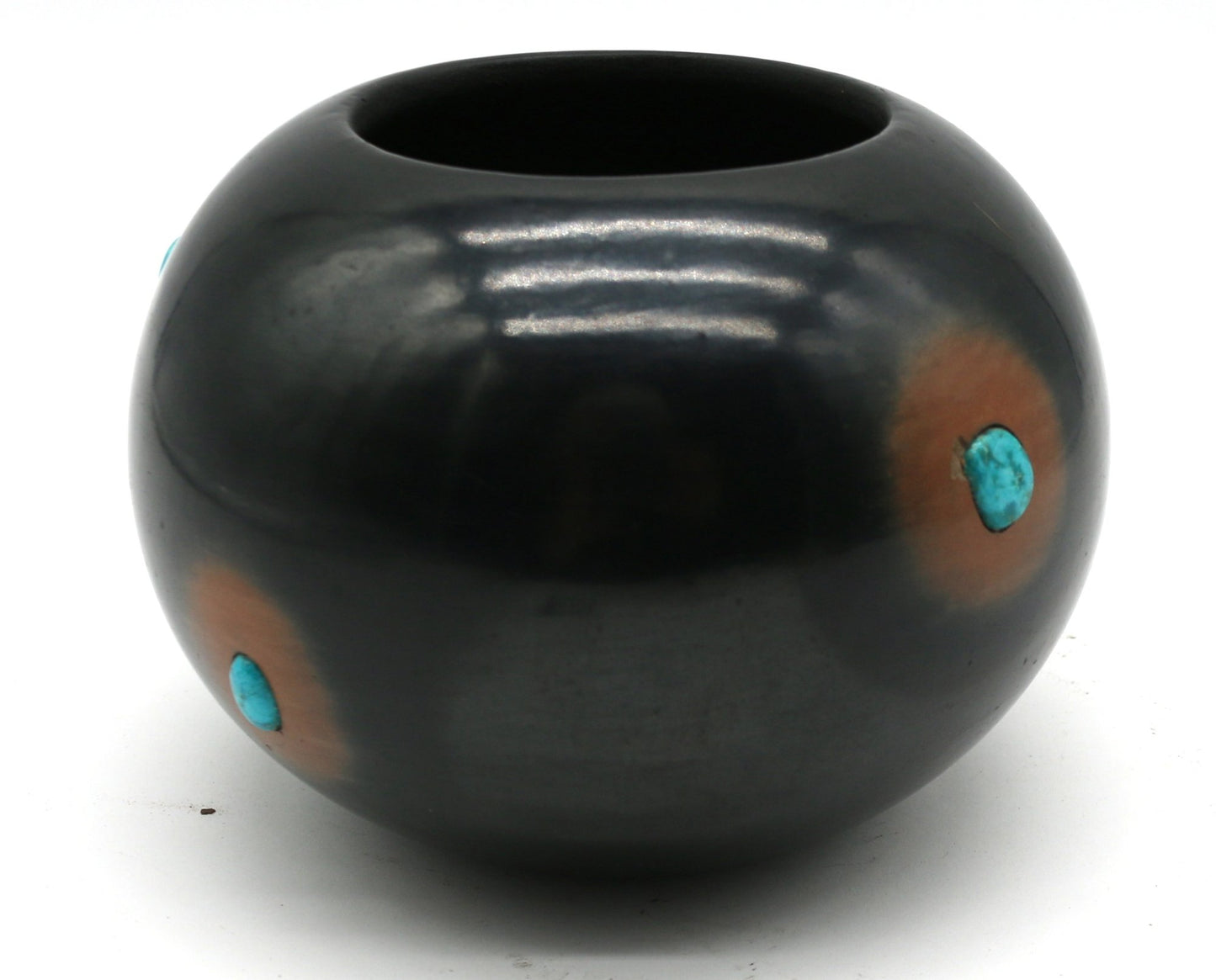 250326-3 Master Potter Dora Tse-Pe - Black And Sienna Bowl With Bear & Four Turquiose Insets - 4.5" High X 6" Wide