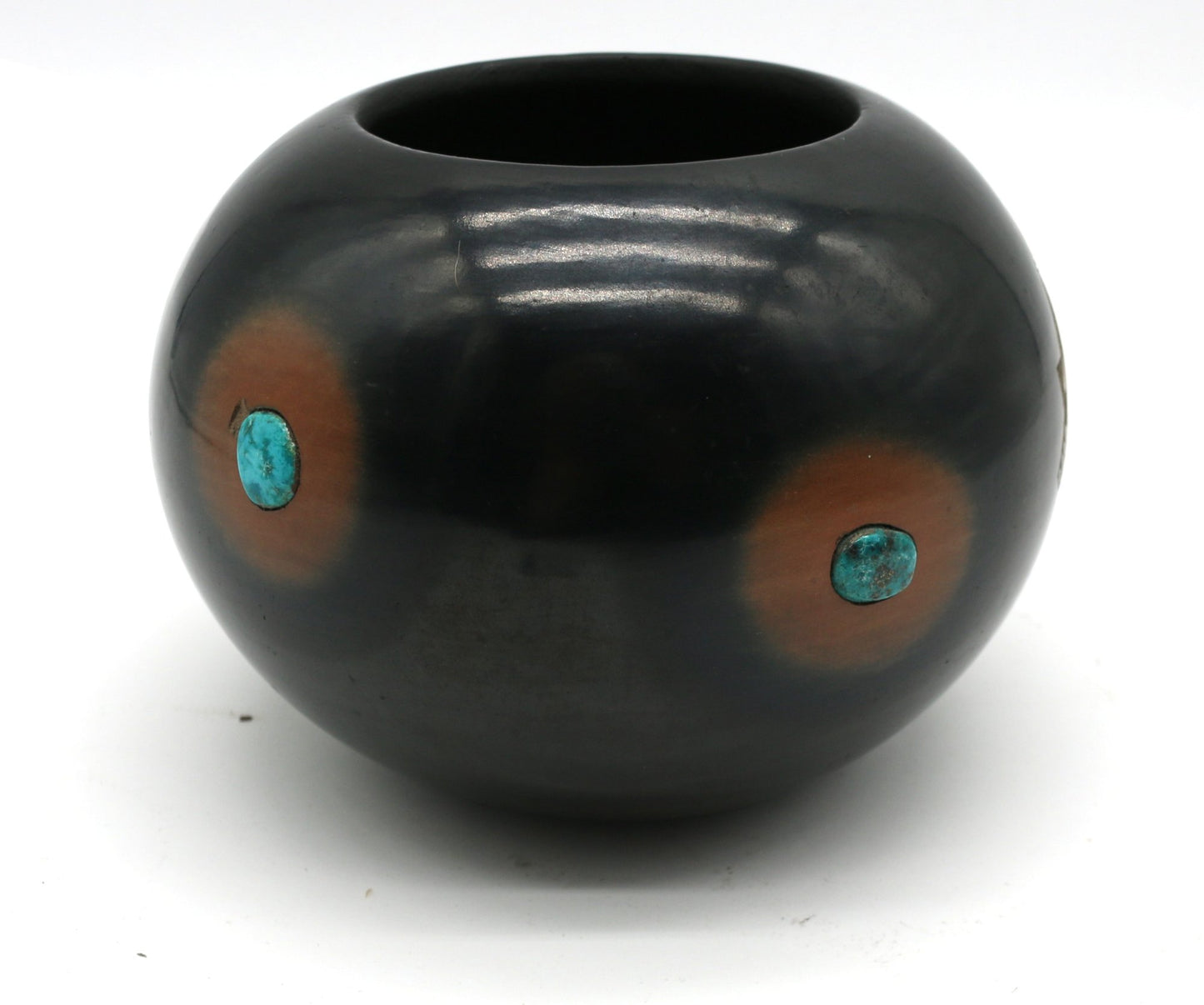 250326-3 Master Potter Dora Tse-Pe - Black And Sienna Bowl With Bear & Four Turquiose Insets - 4.5" High X 6" Wide