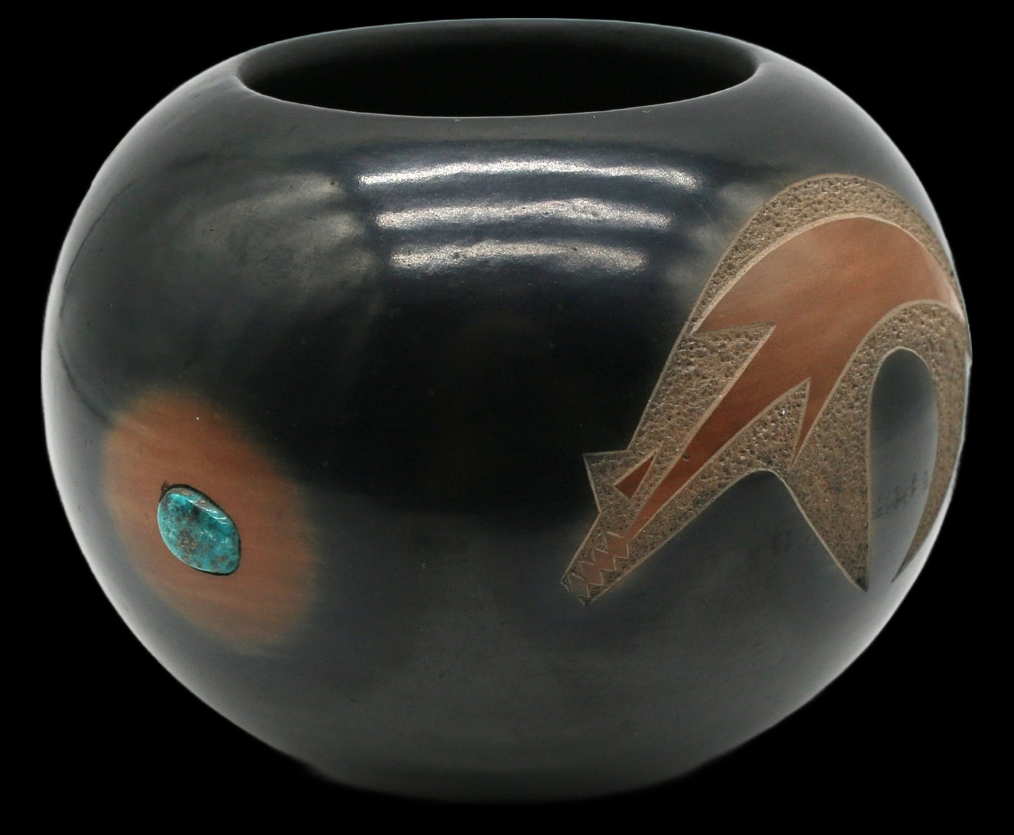 250326-3 Master Potter Dora Tse-Pe - Black And Sienna Bowl With Bear & Four Turquiose Insets - 4.5" High X 6" Wide