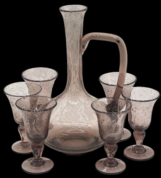 260107-7 La Verrerie De Biot Amethyst Bubble Glass Decanter Set