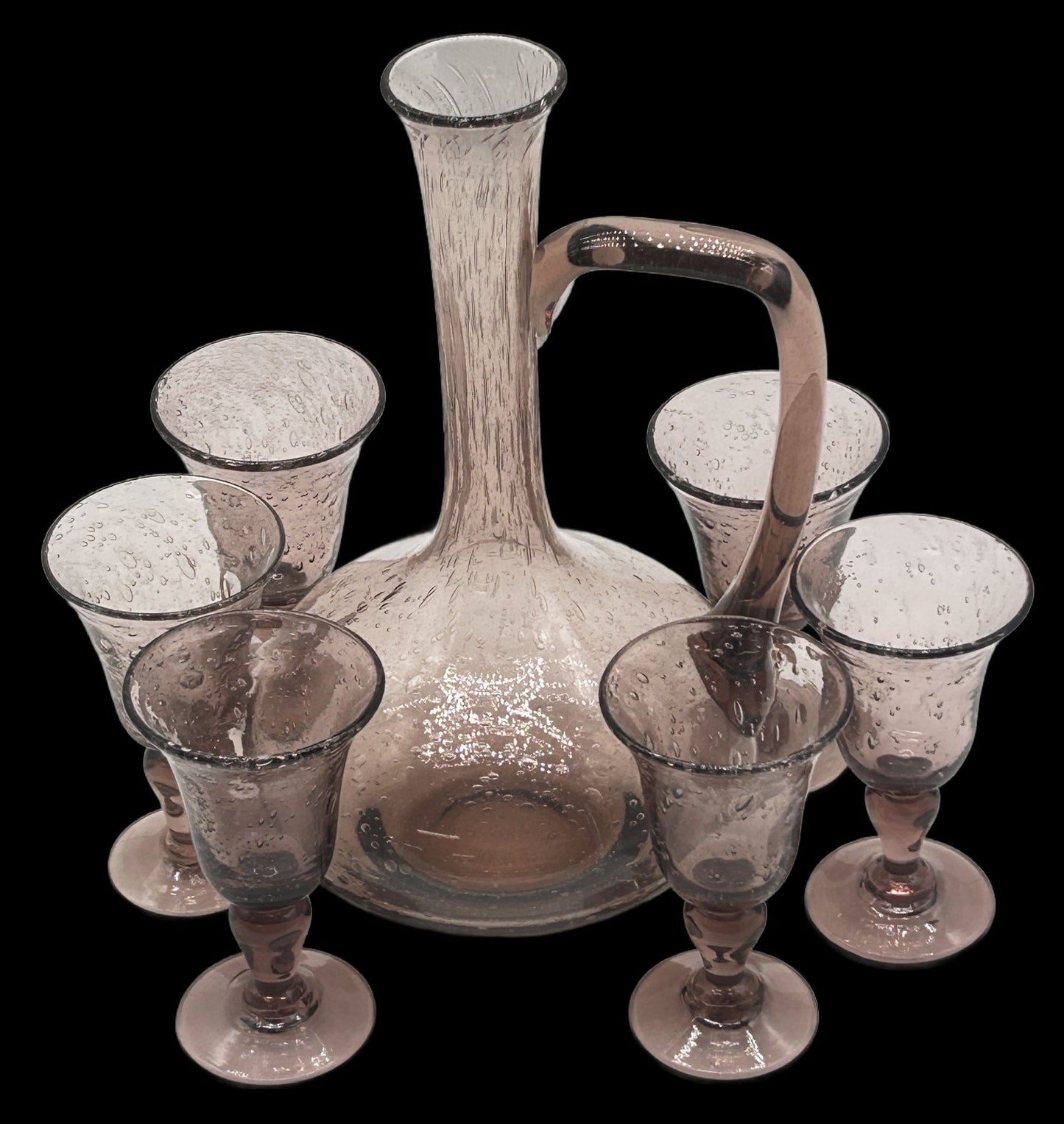 260107-7 La Verrerie De Biot Amethyst Bubble Glass Decanter Set