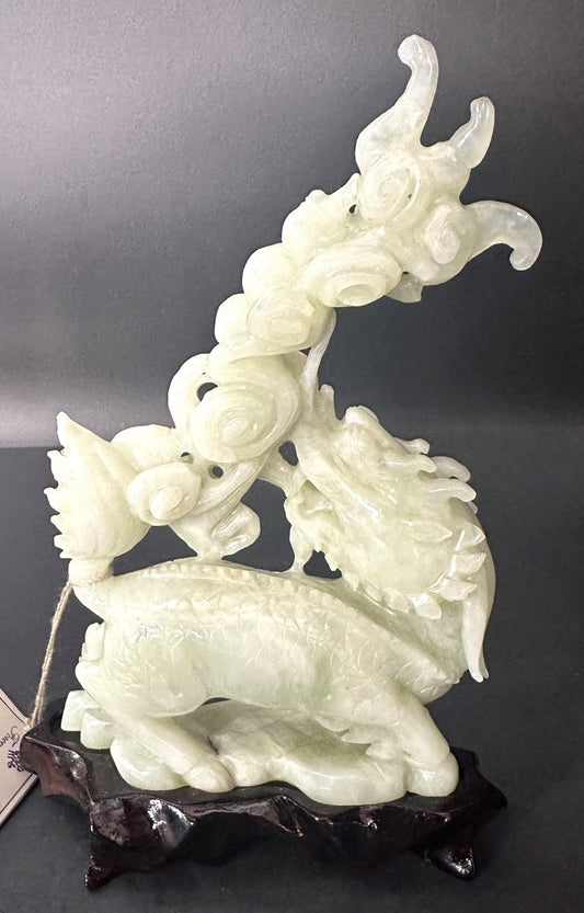 251210-22 8"H Carved Jade Dragon On Rosewood Stand