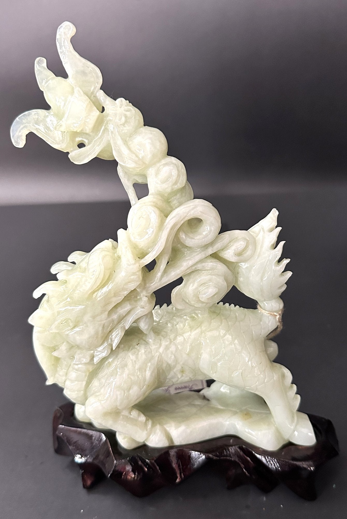 251210-22 8"H Carved Jade Dragon On Rosewood Stand