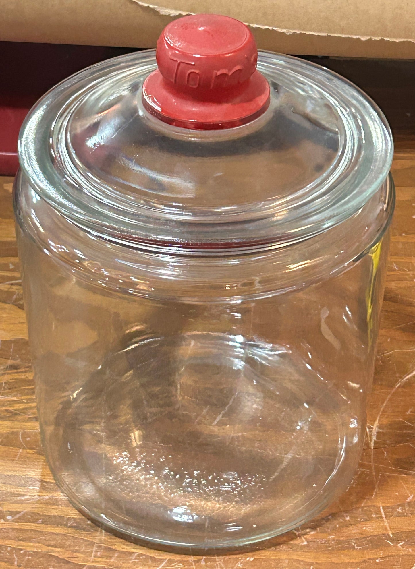 260413-1C Vintage Lidded Clear Glass Jar With Tom's Lid