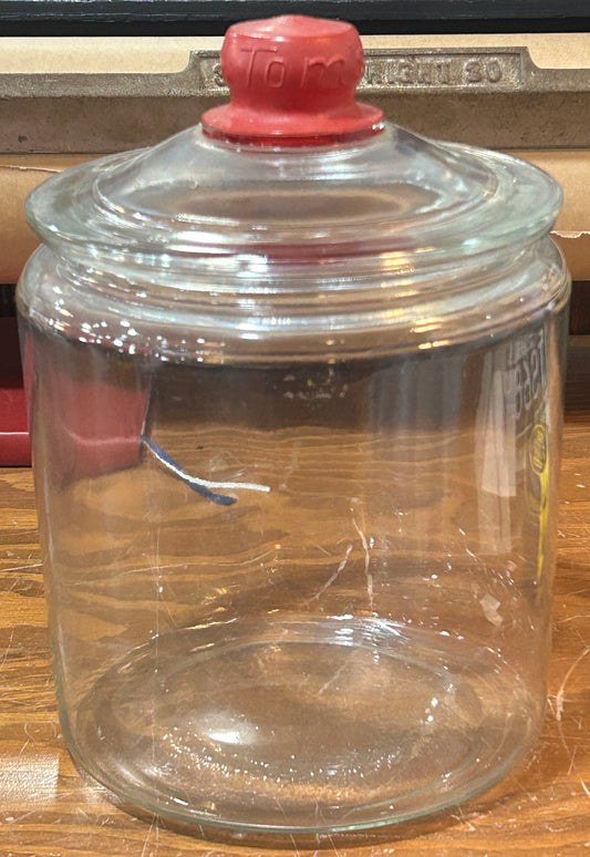 260413-1C Vintage Lidded Clear Glass Jar With Tom's Lid