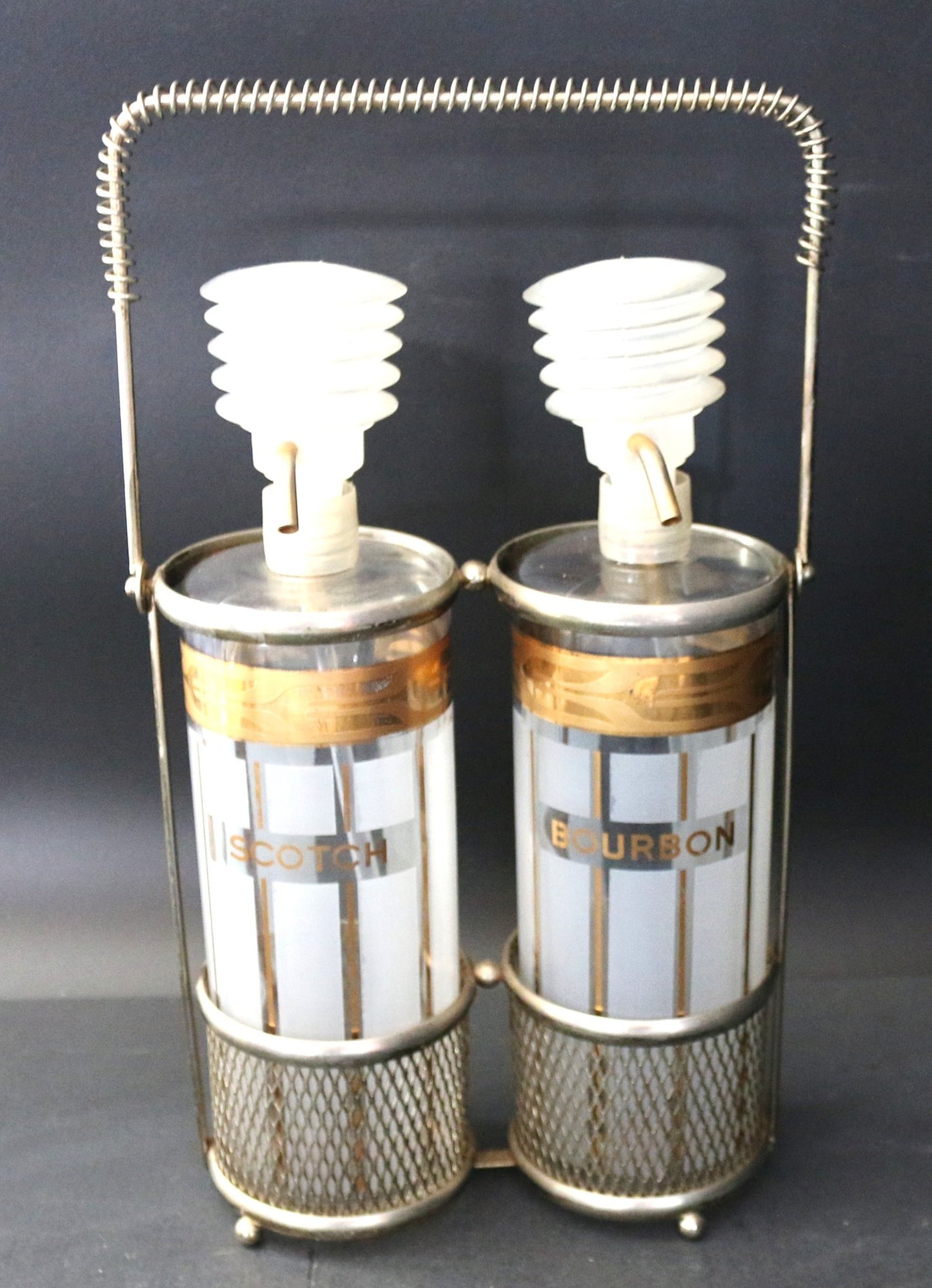 250514-32 Vintage MCM 2-Decanter Tantalus, Scotch & Burbon