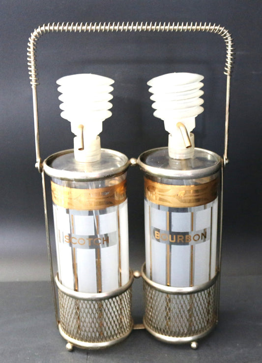 250514-32 Vintage MCM 2-Decanter Tantalus, Scotch & Burbon