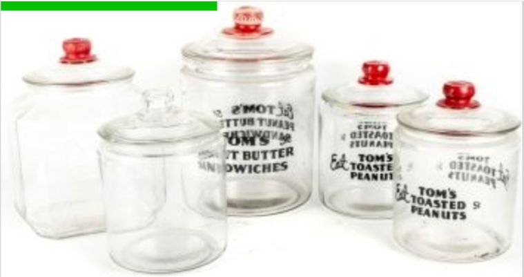 260413-1A Vintage Tom's Large Lidded Peanut Butter Sandwiches Jars